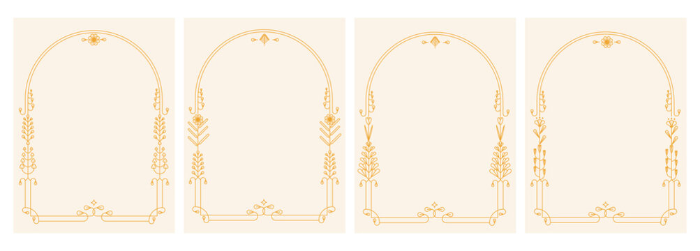 Set of four elegant gold ornamental arch frames with delicate floral line art on a soft beige background, ideal for invitations, branding, wedding templates, and decorative layouts.