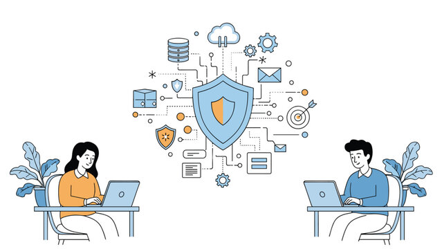 Man and woman using laptops on opposite sides of a giant shield icon with network nodes representing robust cyber security and data protection.