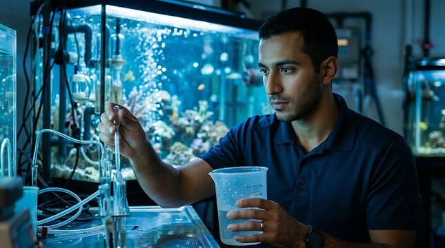 Dedicated male scientist performs water quality test in a vibrant marine aquarium research facility.
