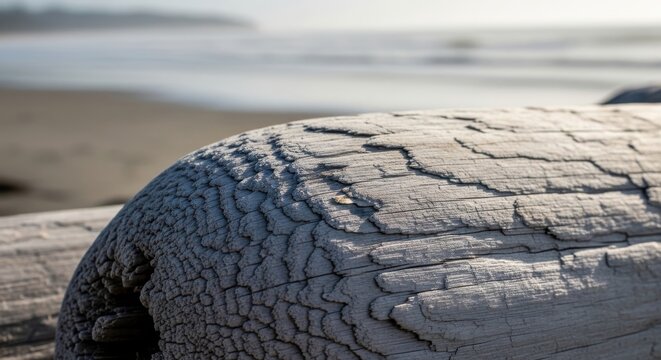 Close-up of weathered, salt-bleached driftwood with intricate cracked texture on a sandy beach with ocean waves blurred in background