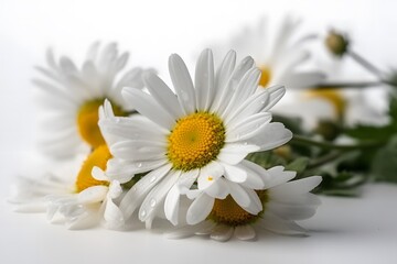 Obraz premium A close-up view of a bouquet of daisies with white petals and yellow centers on a plain white surface
