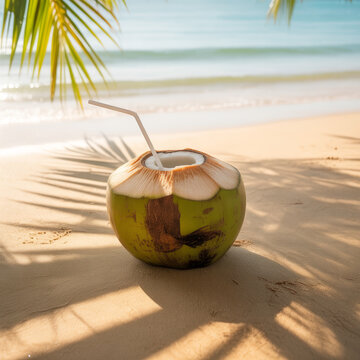 Fresh Green Coconut with Straw on Sunny Beach Sand