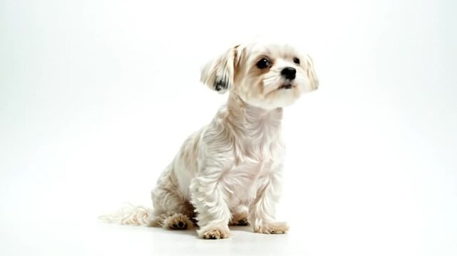 Adorable small white dog sitting and looking at the camera with a white background in a studio