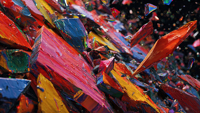 Colorful painted crystal block shards exploding outward with fragments in blue yellow red orange on grey background