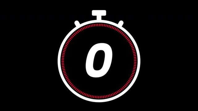 Digital countdown stopwatch timer icon with number five to zero animation and red circular progress ring on black background for sports or gaming interface.