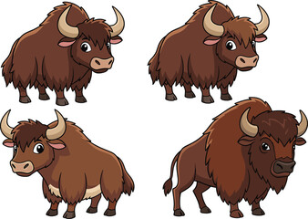 Cute Cartoon Bison Vector Illustration Set Featuring Adorable Buffalo Characters with Friendly Expressions for Kids Design, Mascots, Wildlife Themes, and Educational Graphics. © MstSuborna