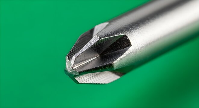 Macro close-up of a Phillips head screwdriver bit against a vibrant green background - essential hardware for DIY and professional work