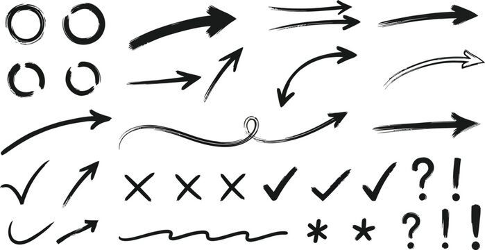 Arrows and symbols including checkmarks, question marks, and exclamation points provide a comprehensive set of hand-drawn indicators for document annotation and visual guidance.