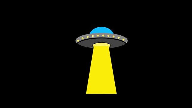 A cartoon UFO flies into the frame and activates a yellow tractor beam on black and green screen backgrounds.