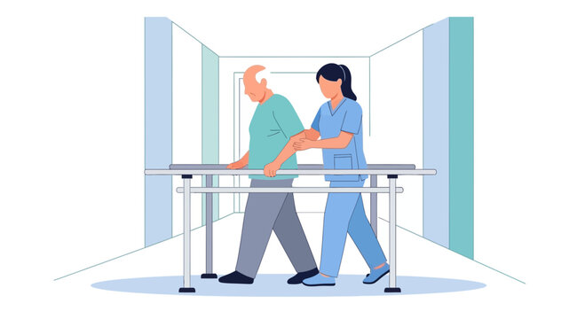 Physical therapist assisting elderly man walking with parallel bars in rehabilitation center