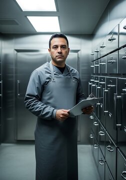 Forensic pathologist in sterile morgue cold storage facility holding clipboard, ready for postmortem examination.