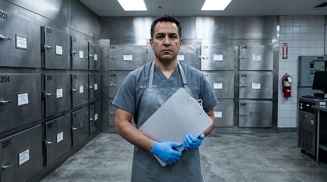 Serious forensic pathologist stands professionally in a sterile morgue with cold storage units, holding a clipboard.