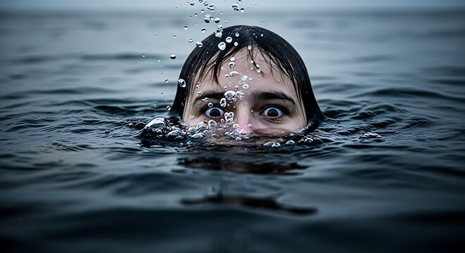 woman head in water with fearful expression