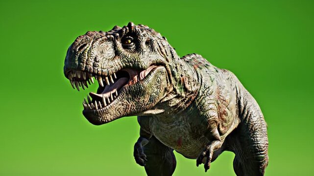 Tyrannosaurus rex roaring against a green screen background