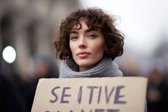 environmental activist holding save the planet sign during climate protest demonstration