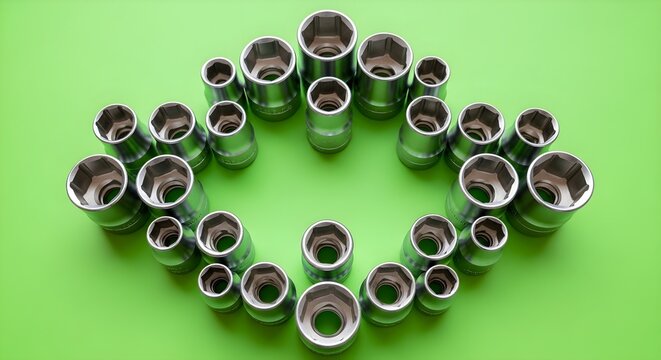 Shiny chrome socket wrench set arranged on a vibrant green background