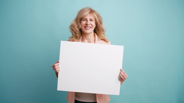 Smiling senior woman holding a white blank board with copy space. Cheerful businesswoman with an empty placard for promotional content