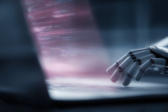 humanoid robot assisting programmer at laptop with holographic code interface, AI copilot and future workplace automation concept