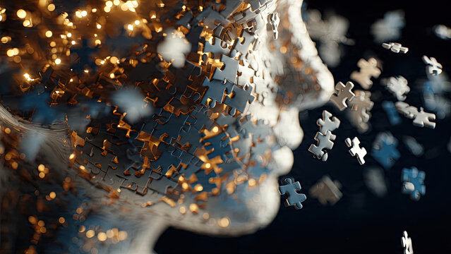 Macro closeup of human face profile assembling and dissolving from gold and silver floating jigsaw puzzle pieces