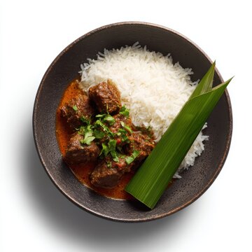 Malaysian beef rendang with bamboo-cooked lemang rice, isolated on transparent background, professional food photography, high resolution