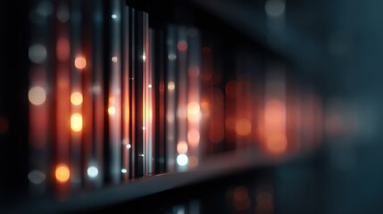 Fototapeta premium abstract digital library with glowing data streams on shelves, knowledge database and information technology concept