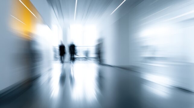 businesspeople walking in modern coworking office, motion blur effect, dynamic work process concept, wide angle panoramic view