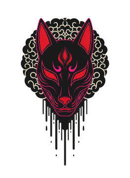 Japanese Kitsune mask illustration, black and red fox spirit head with dripping ink, mystical folklore animal art for streetwear and tattoo design