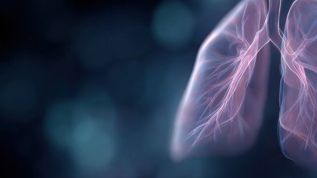 3d anatomical illustration of bronchial tree and lungs on dark background, glowing airway pathways medical concept