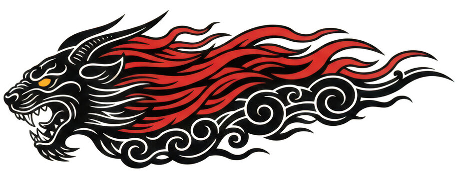 Aggressive black panther head with red fire mane, fierce wild cat mascot with tribal flame trails, predatory feline profile for sports apparel