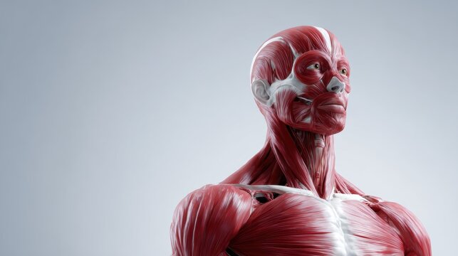 3d medical illustration of full body muscular system frontal view with detailed head and neck profile showing facial muscles and torso anatomy
