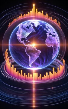 Vibrant Earth surrounded by glowing audio waves in a futuristic