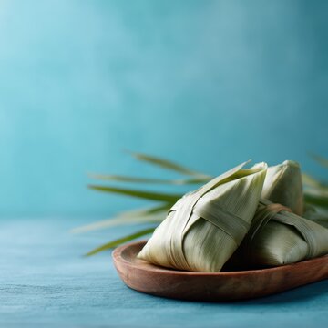 traditional Malaysian ketupat palas wrapped in palm leaves on wooden board, bright turquoise background, clean composition, high resolution food photography