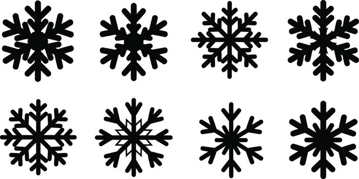 Eight black snowflake on white background winter cold