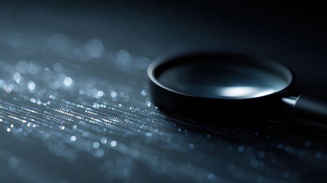 magnifying glass examining computer code and data streams, cybersecurity investigation and digital forensics concept, dark tech background