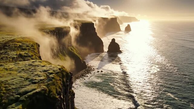 Cinematic Aerial View of Majestic Rocky Cliffs and Ocean Coastline at Sunrise with Rolling Fog, Dramatic Landscape of Steep Mountain Edges and Misty Sea Water, Epic Nature Scenery
