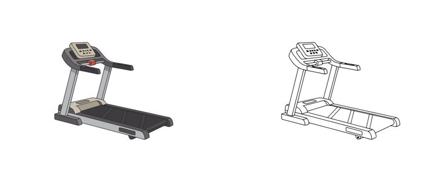 Electric gym treadmill cartoon illustrations in flat grey and black line art styles represents fitness equipment for cardio running isolated on white background