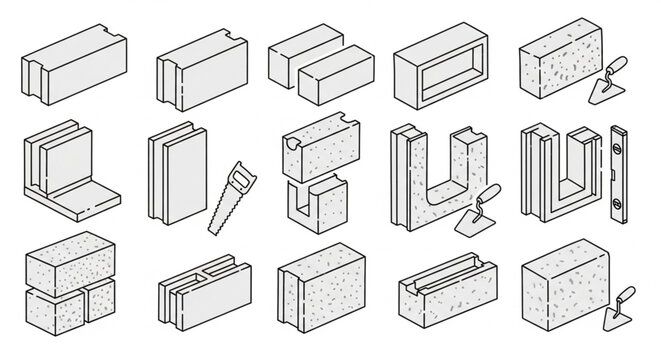 Isometric Masonry Blocks and Construction Tools Collection