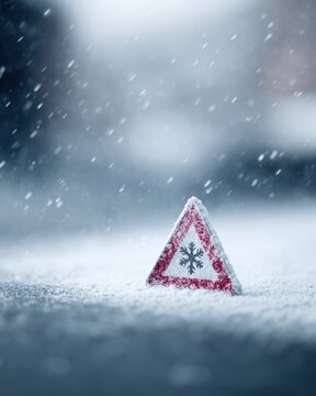 triangular road sign with snowflake symbol covered in snow, warning of icy slippery winter road conditions, driving safety concept