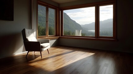Fototapeta premium Sunlight streams into a modern room with a chair overlooking a serene mountain vista and lake