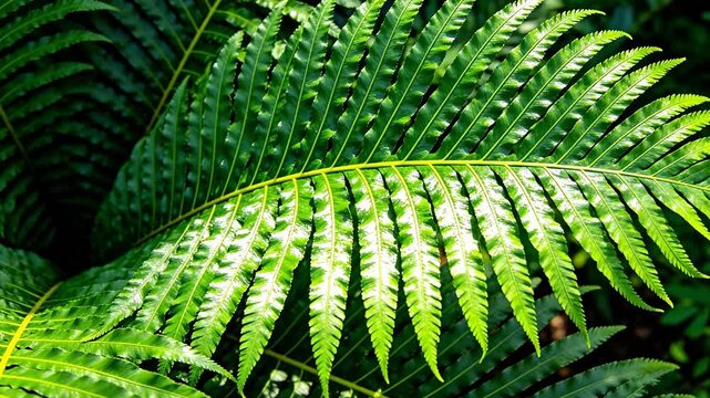 Fern leaf close-up showing green pinnate structure and veins