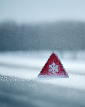 triangular road sign with snowflake symbol covered in snow, warning of icy slippery winter road conditions, driving safety concept