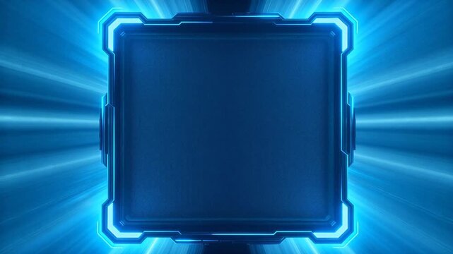Blue neon tech frame with glowing edges and dark background