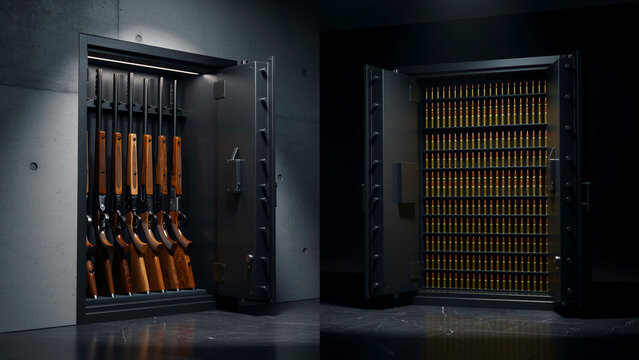Two formidable, heavy-duty gun safes, impeccably designed and built into a robust concrete wall, stand open revealing an impressive collection of meticulously stored firearms and a vast, organized