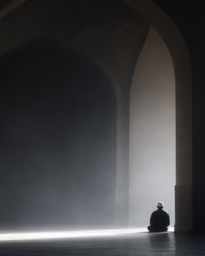 rear view of asian muslim man sitting and praying, mosque interior with arches, calm reflective mood