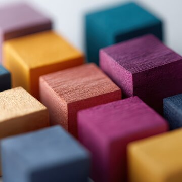 colorful geometric wooden puzzle blocks arranged together, logical thinking and business strategy solution concept