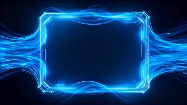 Glowing rectangular frame with blue light streams in dark space