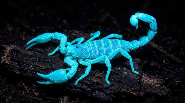 Bioluminescent Scorpion Glowing Brightly in Dark Environment.
