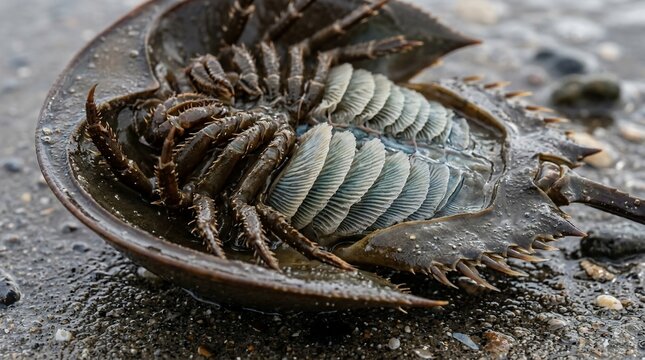 Close up of a horseshoe crabs underside on the sand.