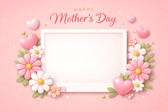 Happy mothers day greeting card with empty photo frame and flowers