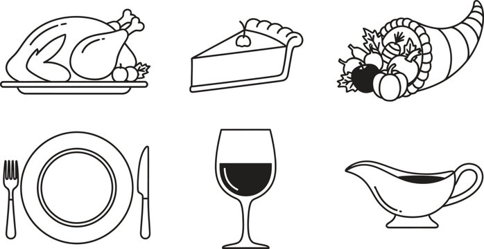 Outline vector icon set for Thanksgiving dinner and holiday celebrations featuring roasted turkey pumpkin pie and a cornucopia perfect for seasonal menus and web design